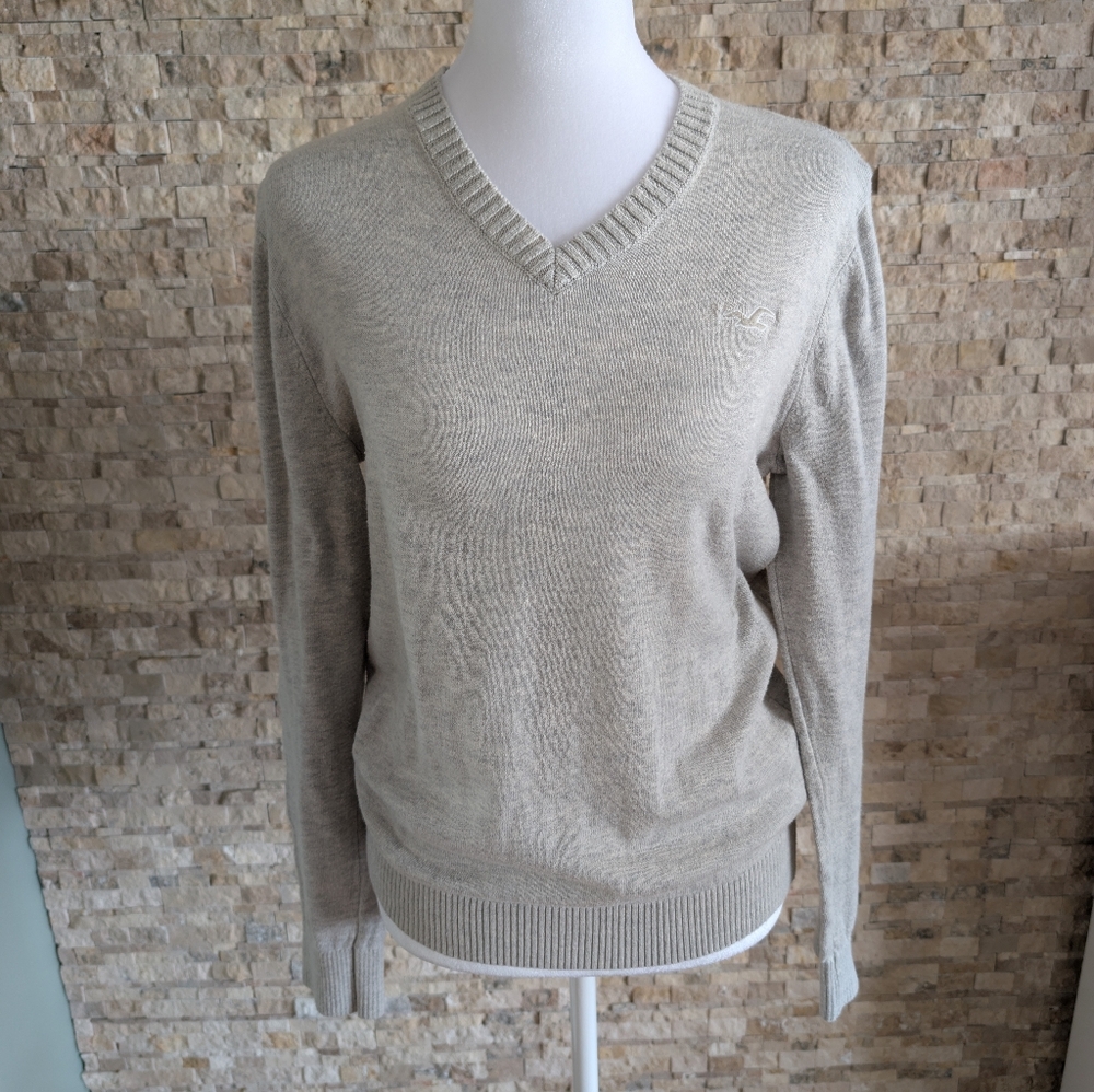 Hollister Unisex V-Neck Cotton Blend Sweater Size Small Heather Grey Y2K